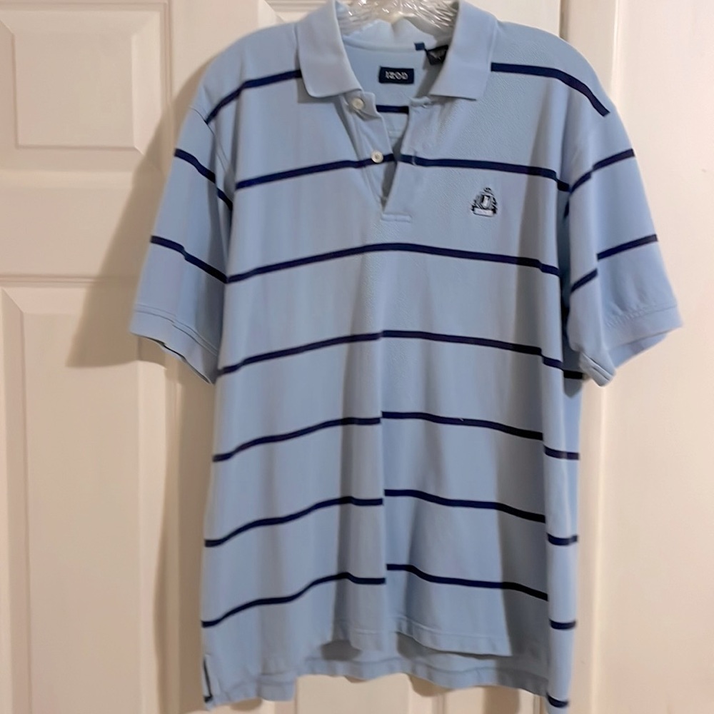 IZOD Polo Shirt, Large, Light blue w/ navy blue stripes